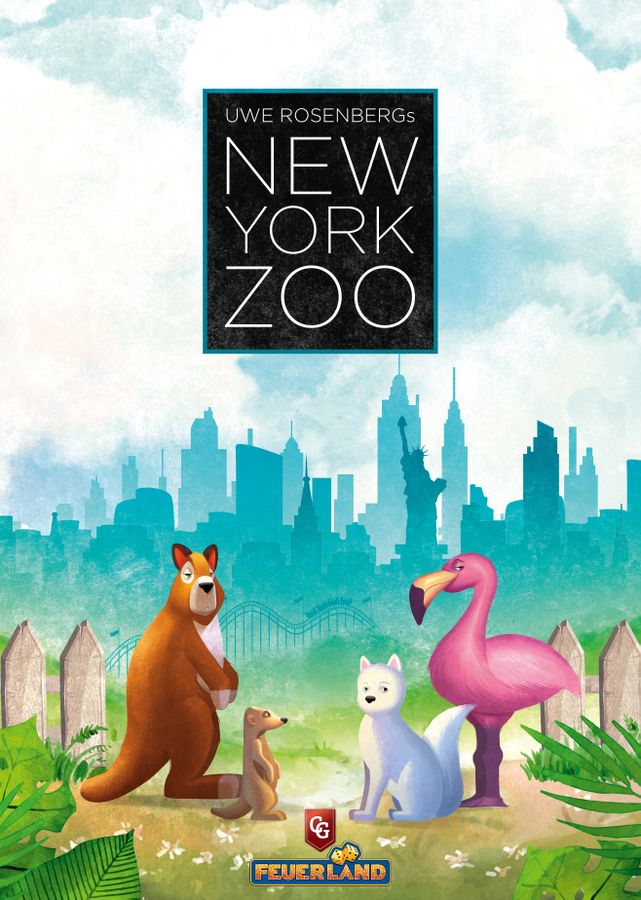 New York Zoo Board Game Cover, featuring a kangaroo, flamingo, and penguin.