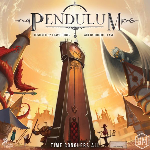 The cover of Pendulum Board Game, featuring a dragon, clocktower, and angelic figure.