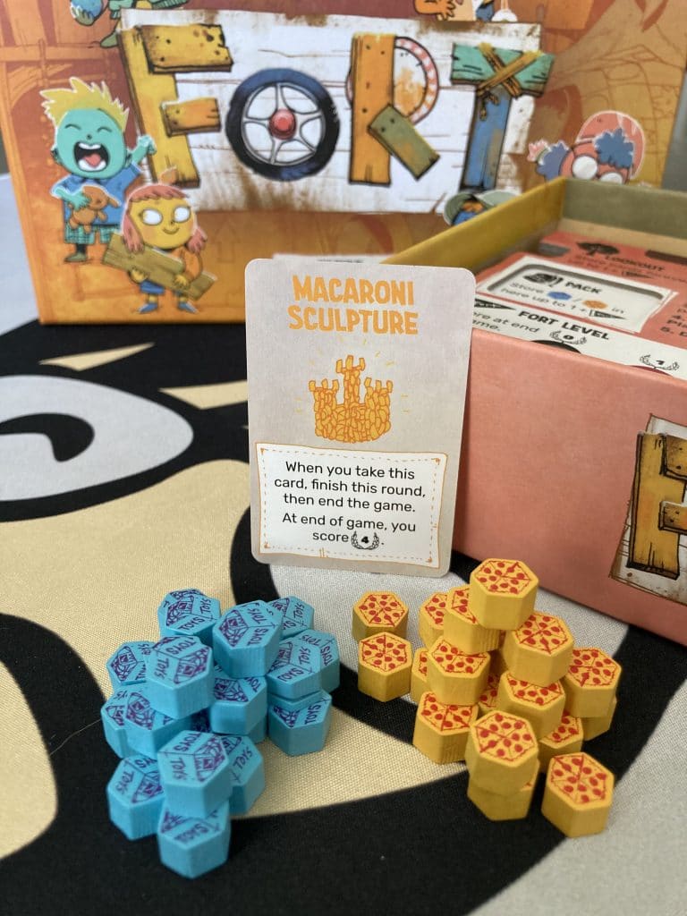 Fort Board Game Pizza and Toy components with the Macaroni Sculpture card