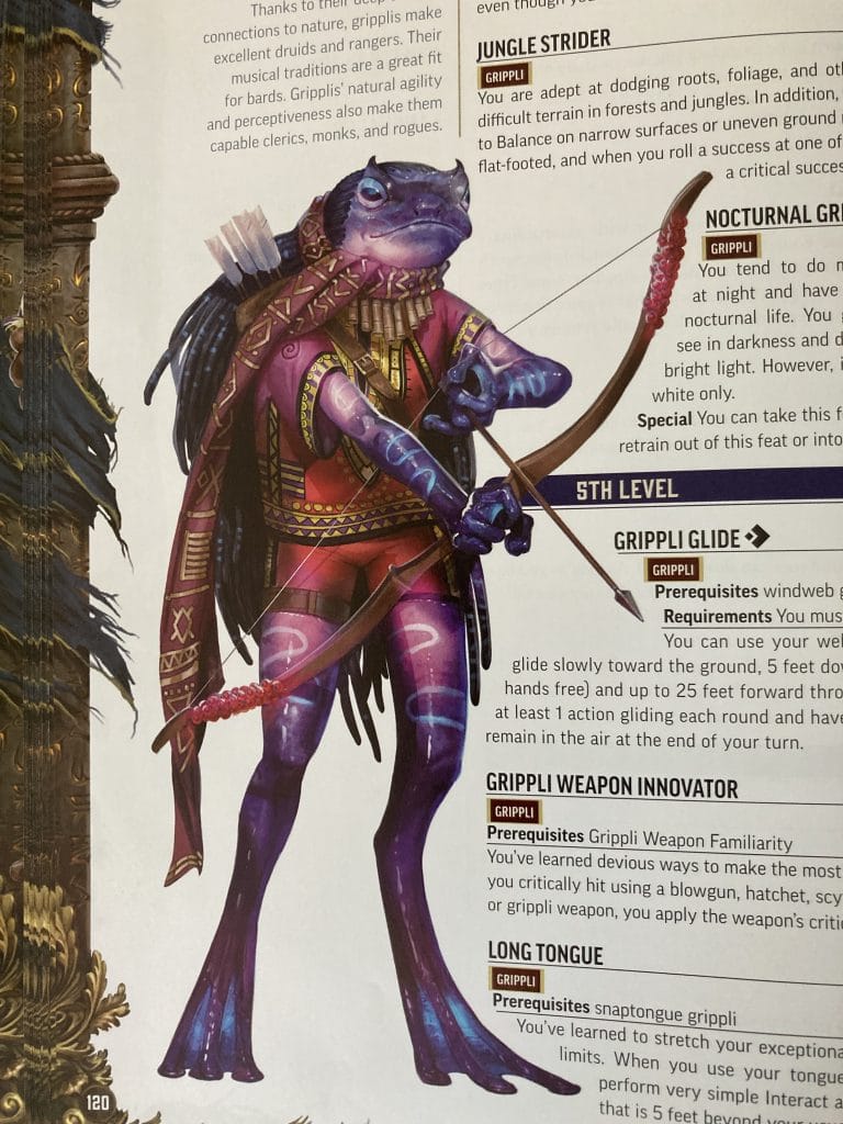 A grippli archer, in Lost Omens Mwangi Expanse by Paizo