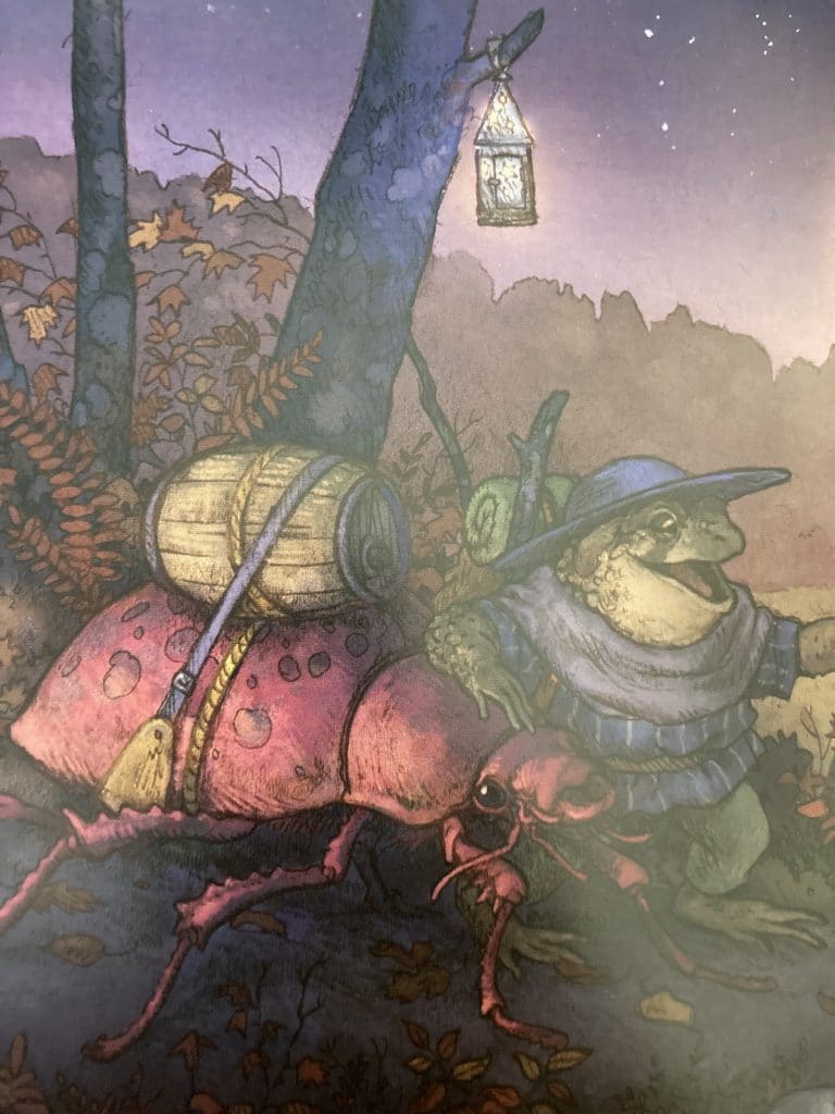 A smiling frog leads a giant beetle to a Candlefeast.