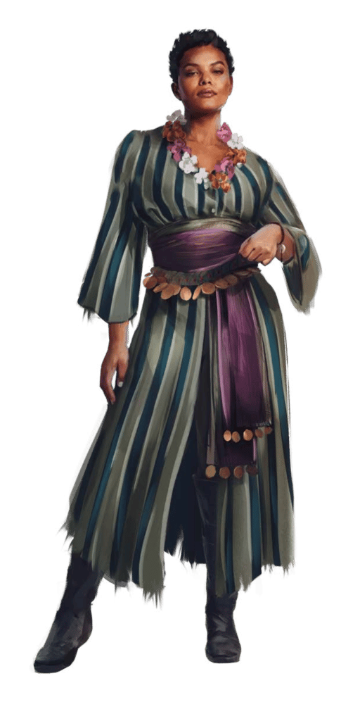 Lost Omens Travel Guide for Pathfinder Second Edition woman in a flowing dress with green and light-green stripes.